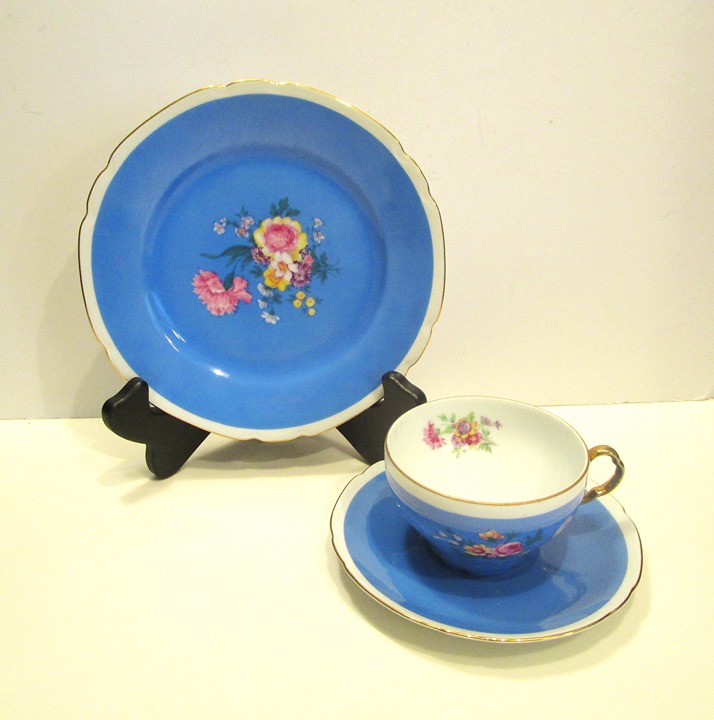 Teacup & Saucer Blue Gold Floral, Victoria Czechoslovakia Porcelain Blue Teacup