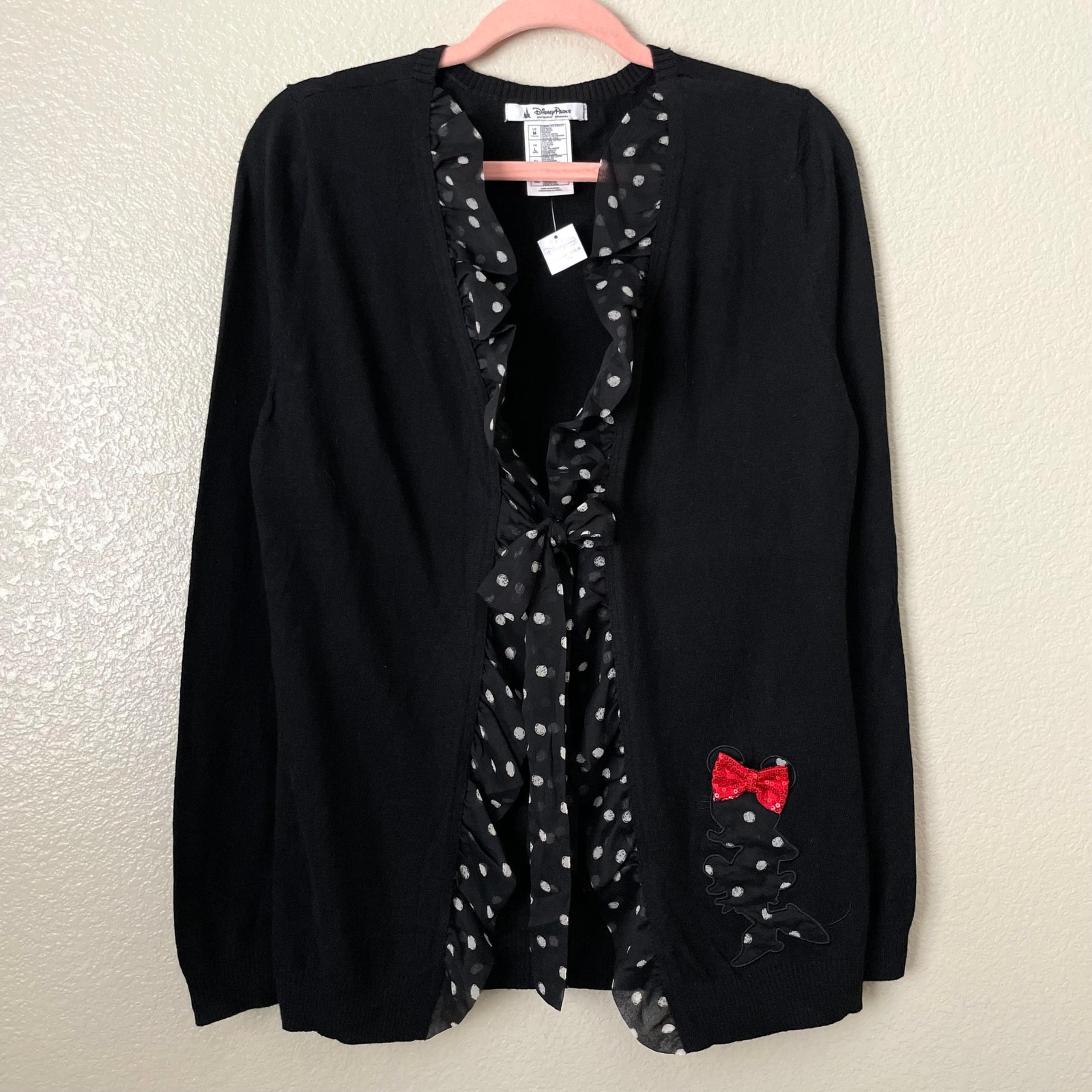 Disney Cardigan Womens Medium Black Minnie Mouse Polka Dot Bow Tie Sweater Retro