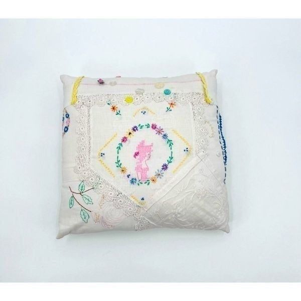 Pillow Cushion Handmade Embroidery Craft Floral Lace Crochet Multicolor Boho