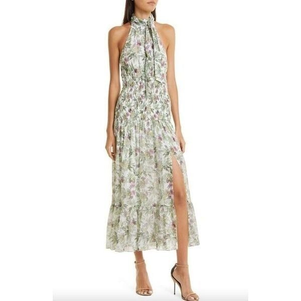 Cinq A Sept Dover Floral Halter Neck Sik Blend Dress White Green Multi Womens 2