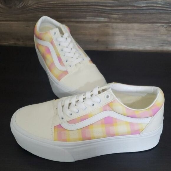 New Vans Old Skool Stacked Pastel Picnic Pink Plaid White Platform Sneakers