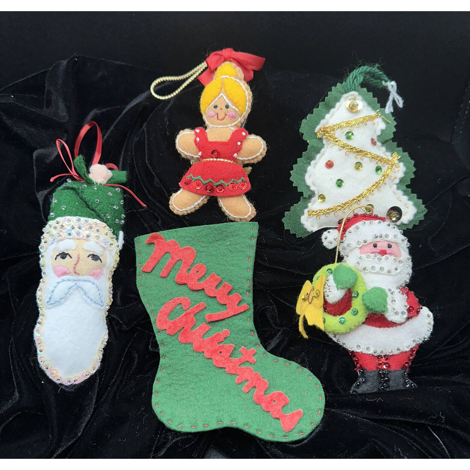 5 MCM 1960's Stunning Vintage Bucilla Felt Beads Sequins Christmas Ornament S1