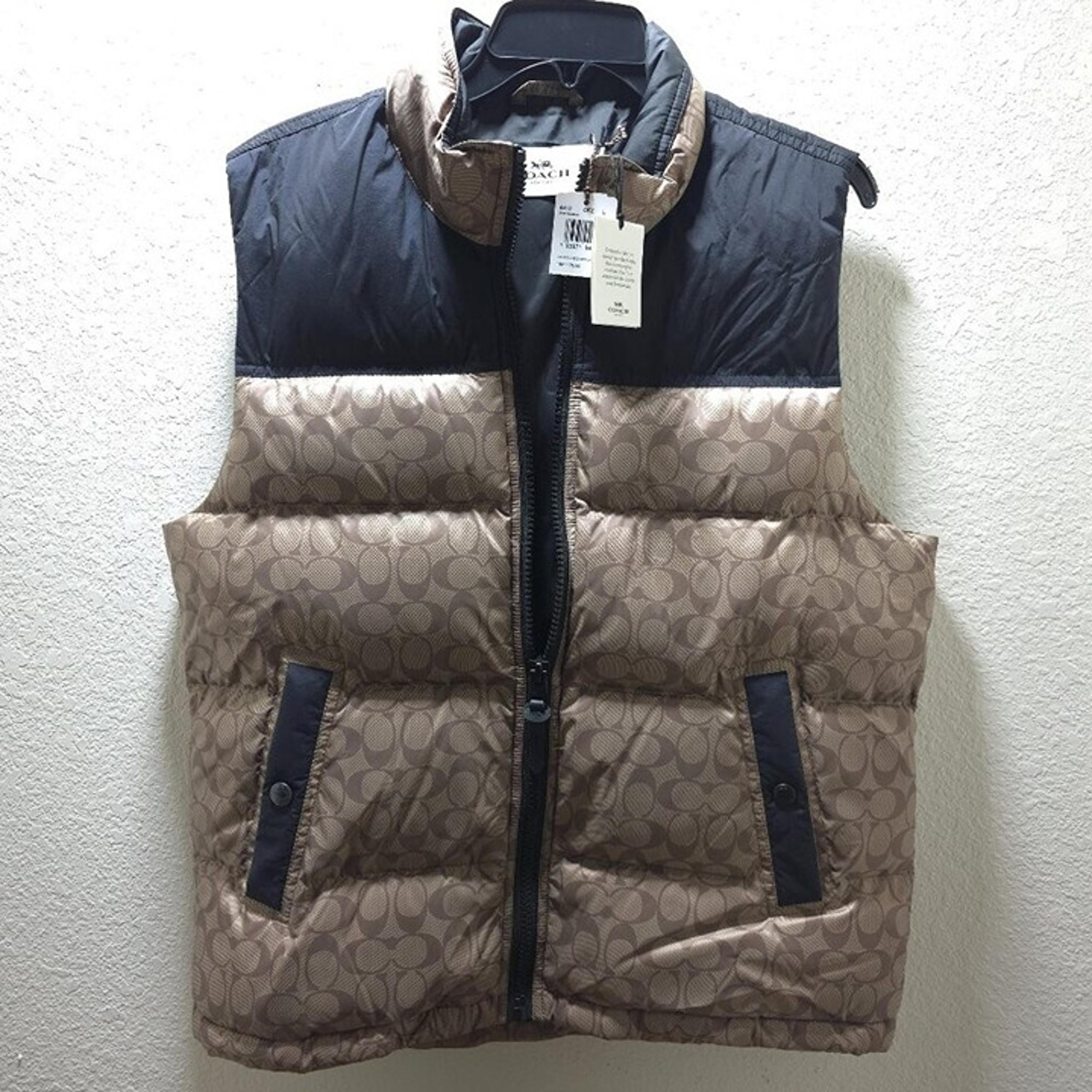 Coach Puffer Vest Men’s Size L Brown Monogram Logo Goose Down Jacket NWT