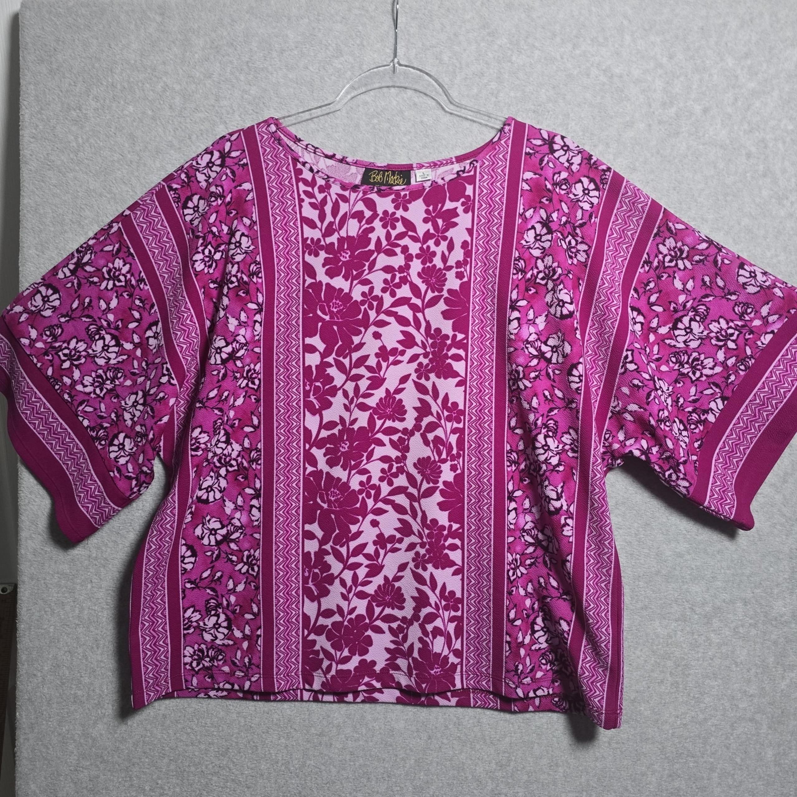 Bob Mackie Top Size L  Boho Floral Print Dolman Sleeve Knit Shirt Tunic A347436