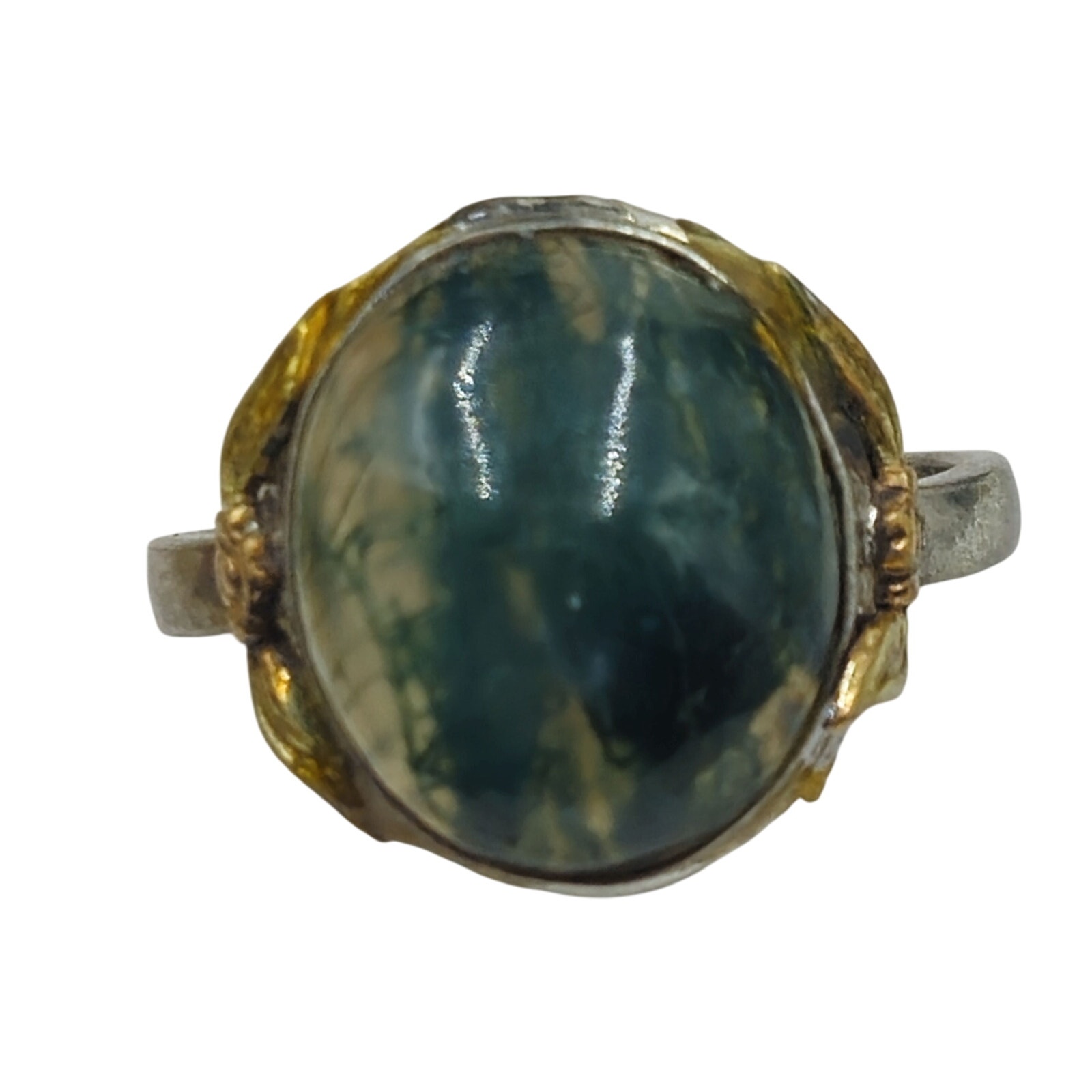 Vintage Moss Agate Sterling Silver 10k GF Ladies Ring Sz 5 1960s