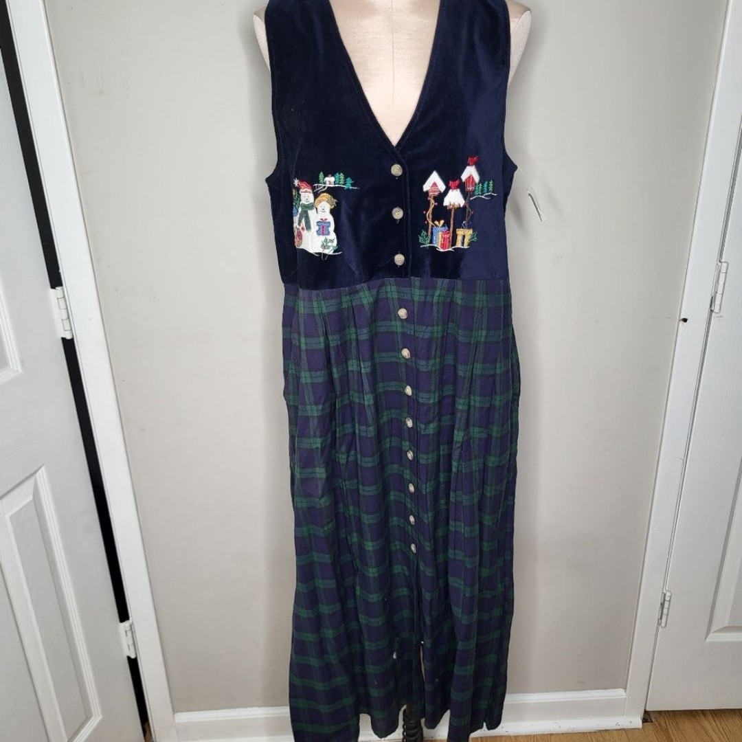 Vintage 80's 90's Winter Snowman Long Plaid Jumper Size Medium NWT New