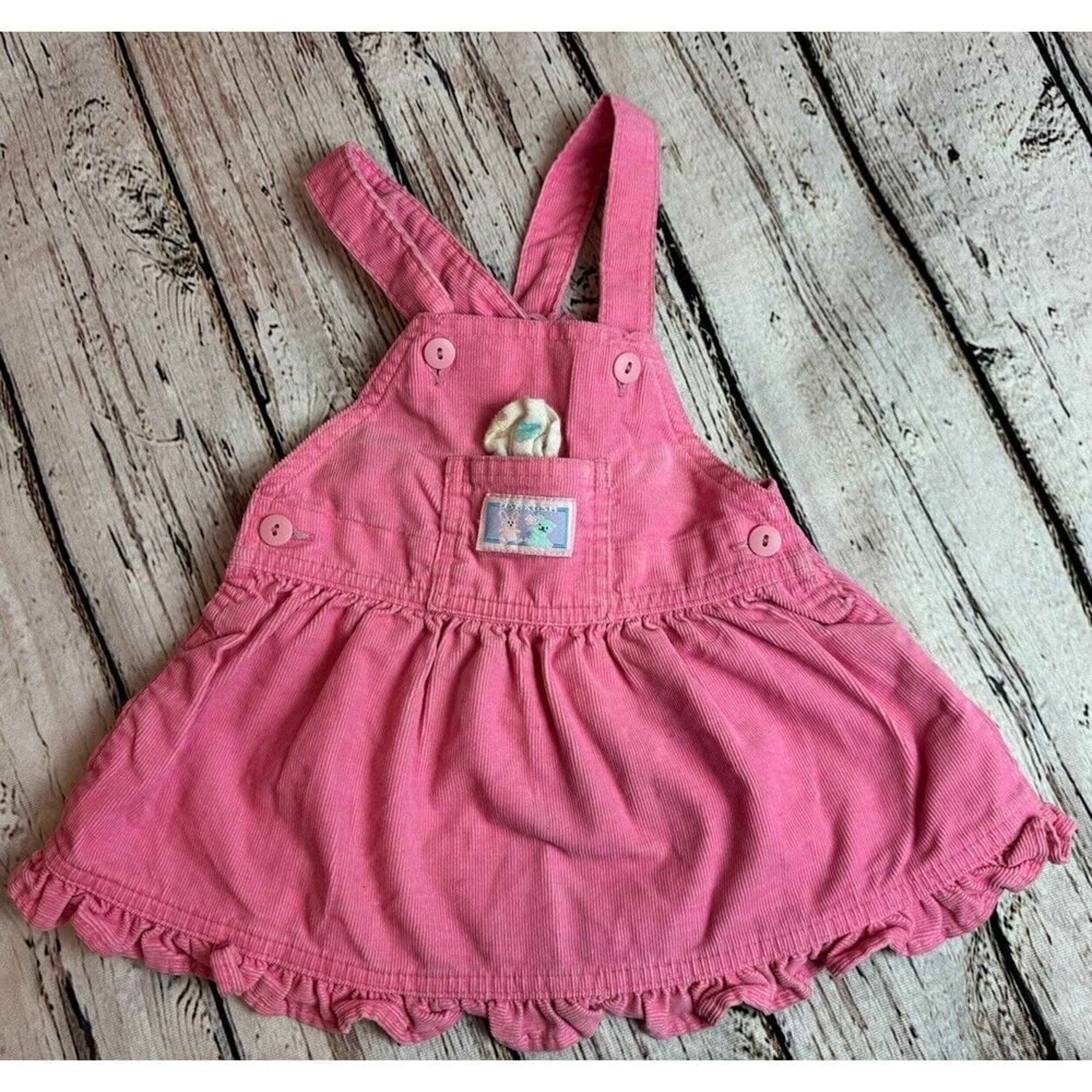 VTG Oshkosh B 'Gosh Pink Corduroy Vestbak Overall Dress Jumper 18 Months Ruffle