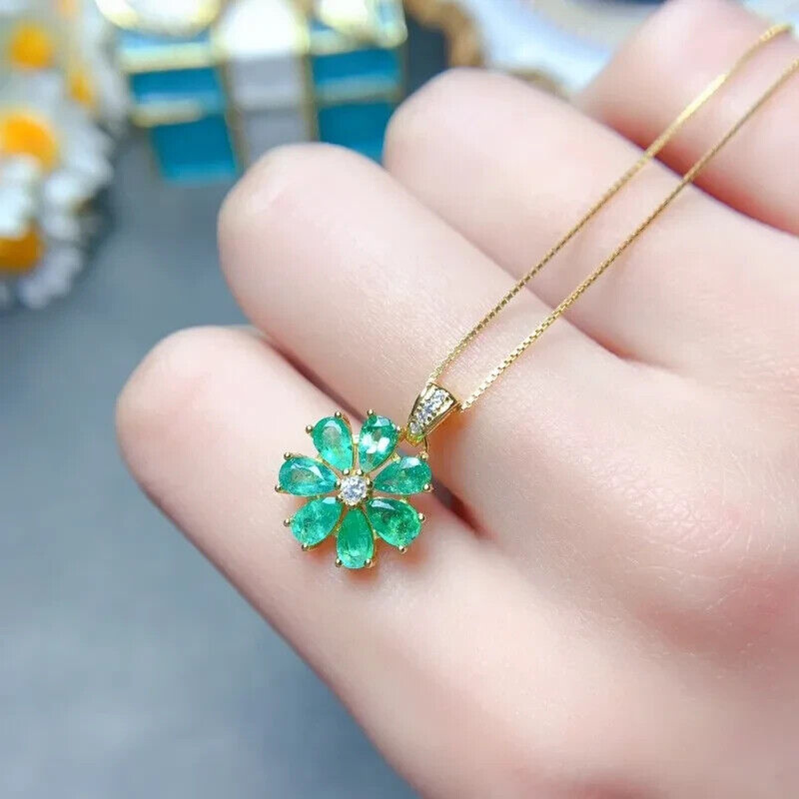 Natural Emerald Flower Pendant Necklace, Emerald Cluster Pendant Necklace Gold