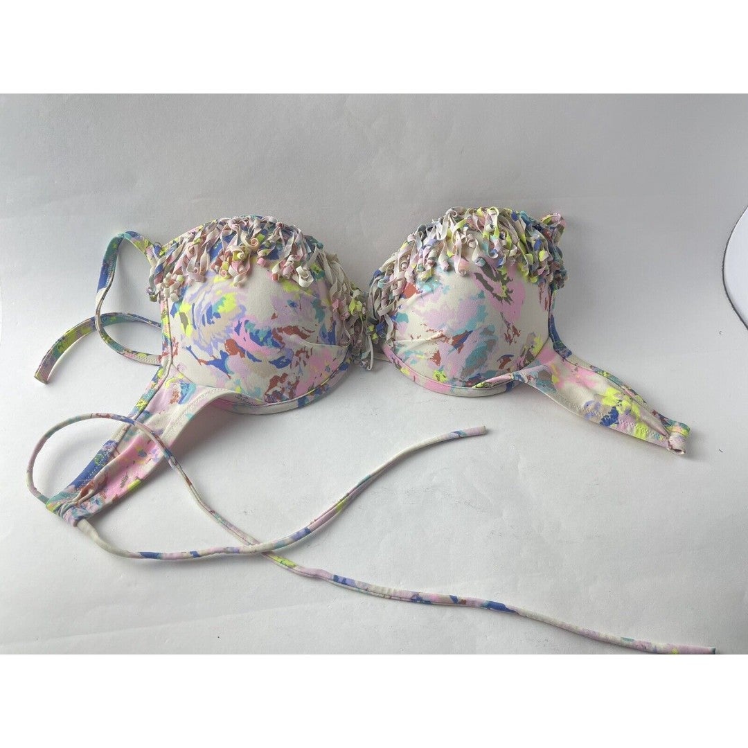 Victoria’s Secret Flirt Bandeau Bikini Top Push Up Fringe Pink Blue Size 34DD