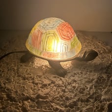 Turtle Night Light Cast Anitqued Brass Body Pink Blue And Pastel Shell Glass
