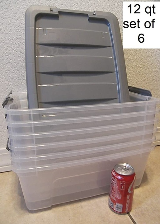 12 Quart Stackable Plastic Storage Bins with Latching Lids- Clear, Pack of 6