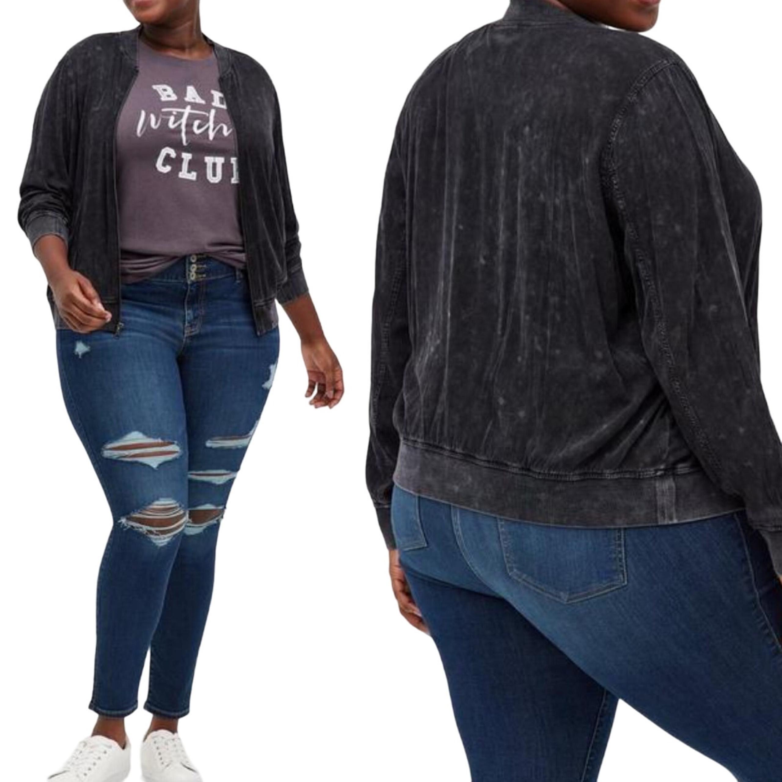 Torrid Jacket Acid Wash Bomber Zipper Front Rib Knit Trim Black Plus Womens 2X
