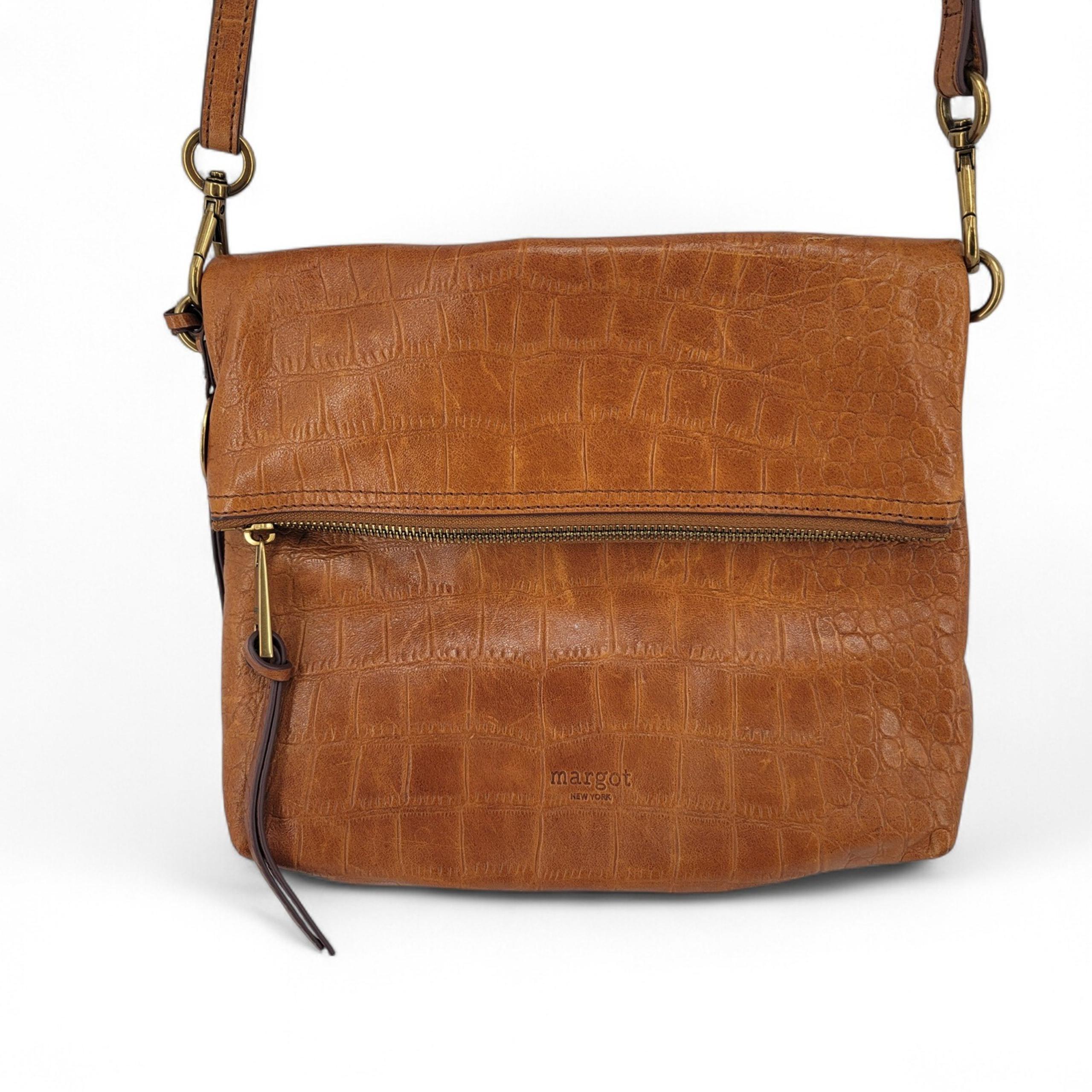 Margot New York Crossbody Bag Brown Croc Embossed Leather Foldover Flap Purse