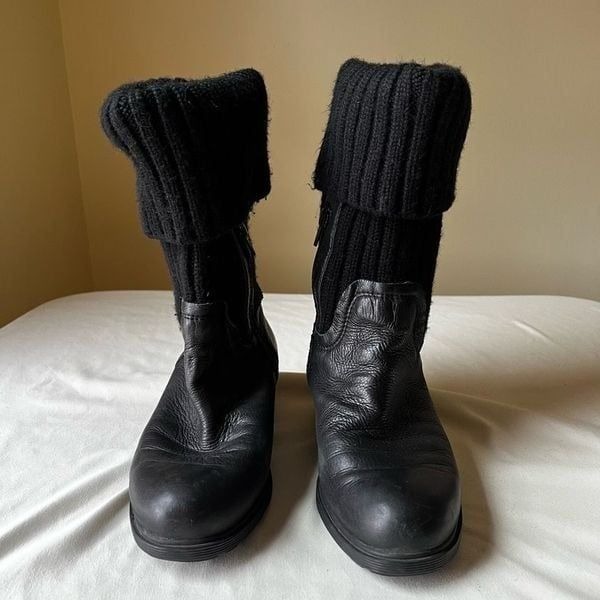 Jipi Japa Black Leather Boots Ribbed Knit Cuff Mid Calf Block Heel Round Toe 5