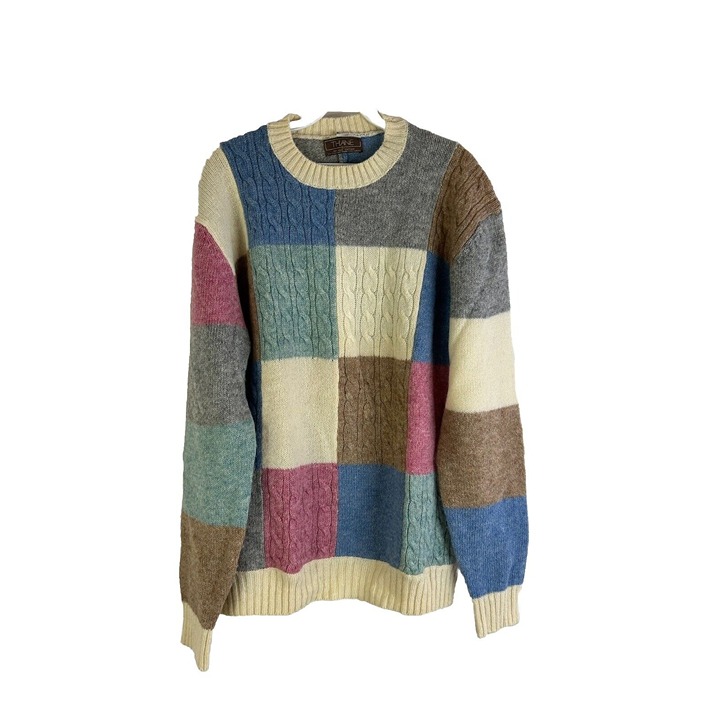 Vintage 80s Mens XL Virgin Wool Rainbow Patchwork Cable Knit Crewneck Sweater