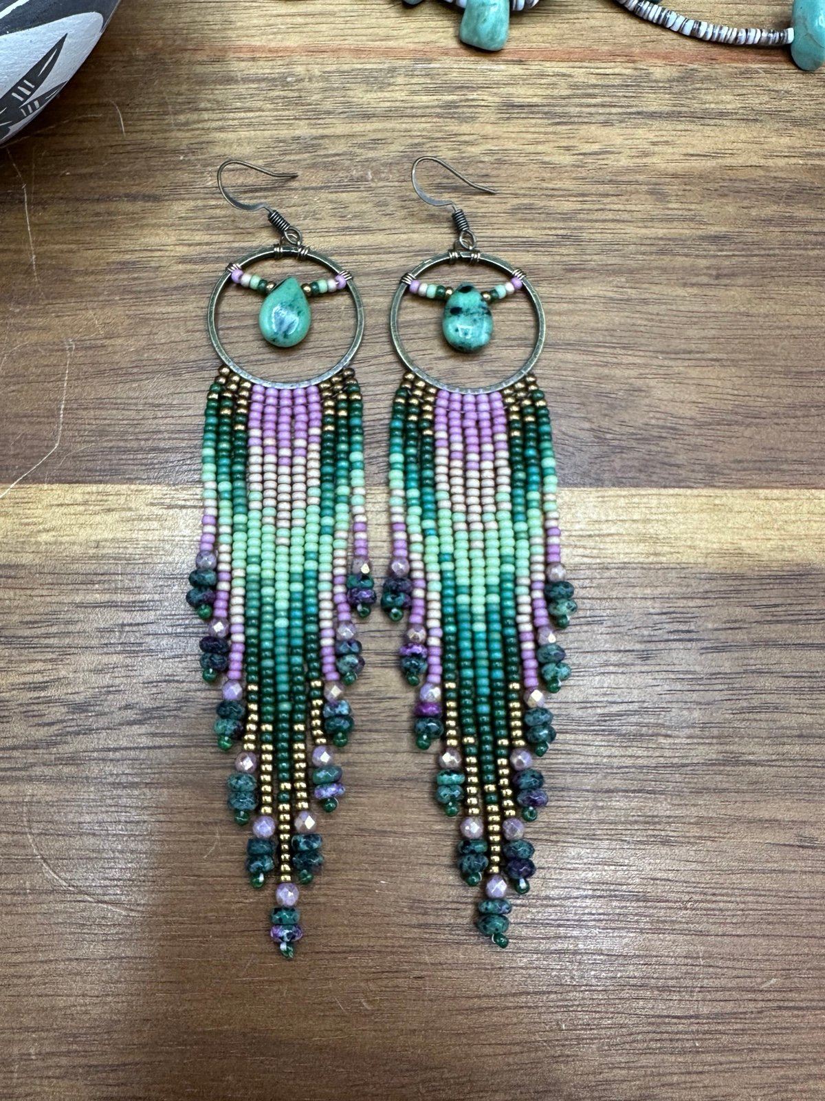 Green, tan & pink ruby zoisite teardrop beaded fringe earrings