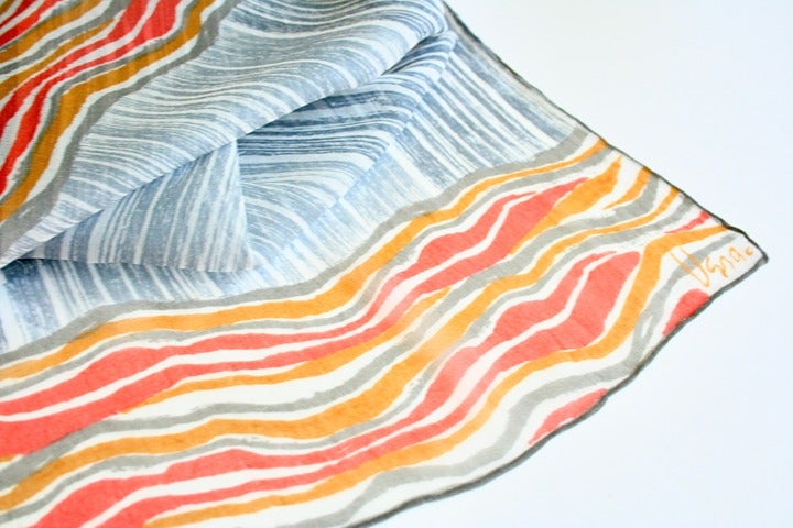 Vintage Vera Neumann scarf sheer oblong summer silk blend linear grey orange