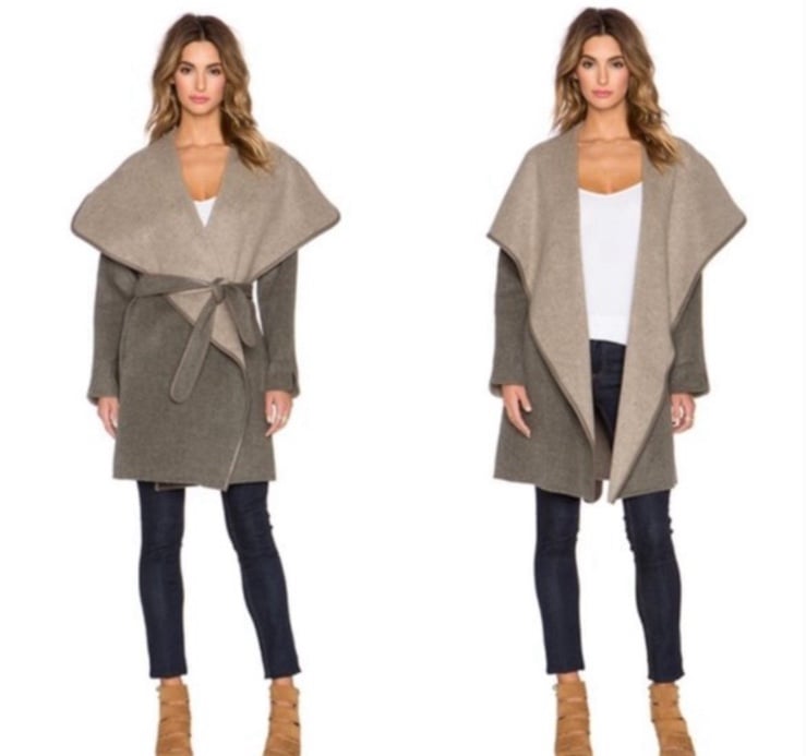 Vince Wool Leather Trim Belted Tan Gray Wrap Jacket