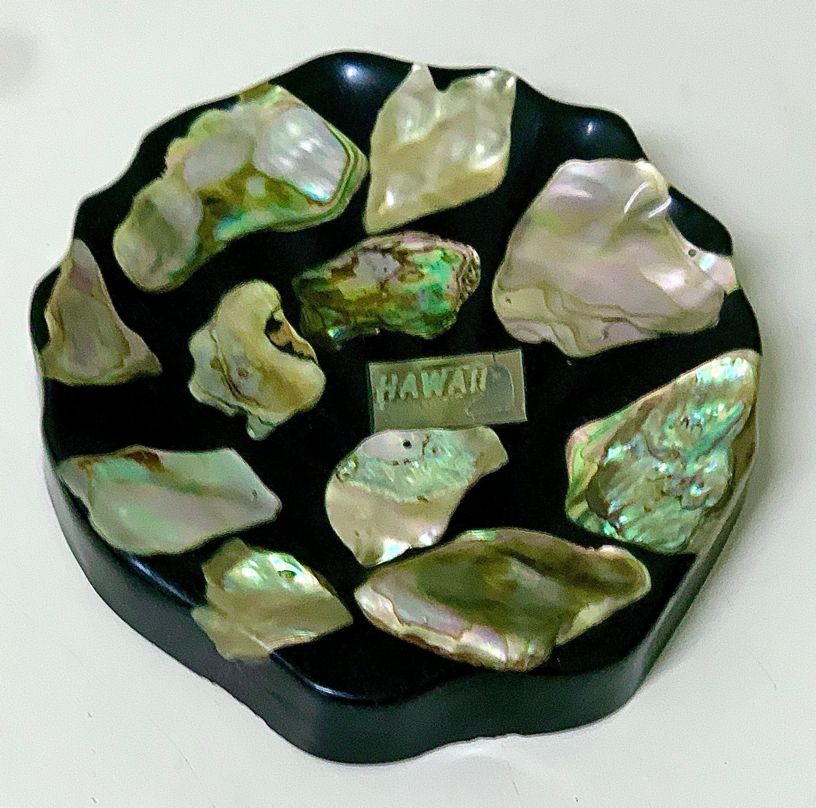 Vintage Lucite Suspended Pearlescent Abalone Shell HAWAII Trinket Dish