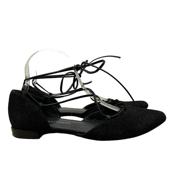 Stuart Weitzman Black Gilligan Shimmer Lace Up Pointed Toe Lace Up Flats 10