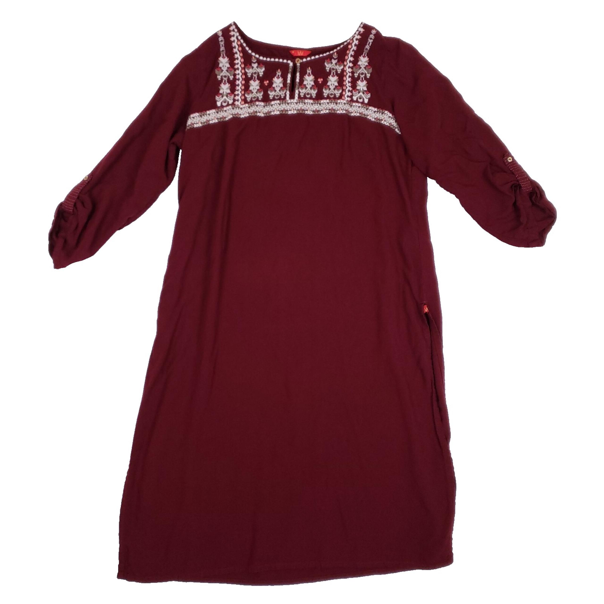 W For Woman Tunic Dress Boho Embroidered Kurti Sz 12 Maroon Ethnic Cottagecore
