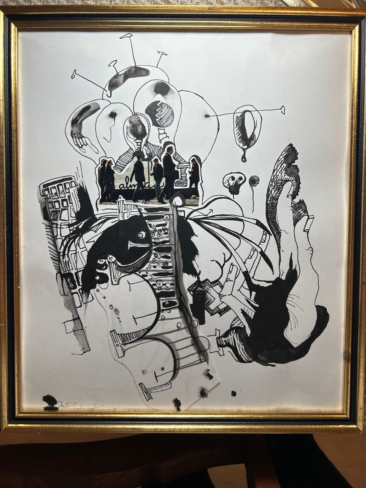 Framed original ink drawing abstract art framed 11x14”