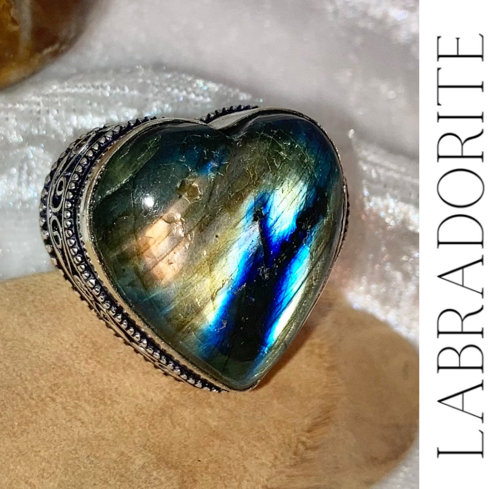 Natural Labradorite Gemstone Chunky Handmade Heart Ring