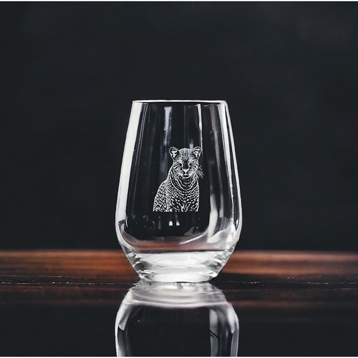 Leopard Stemless Wine Glasses x4 Premium 15 Oz Personalize Gift Cat Animal NEW