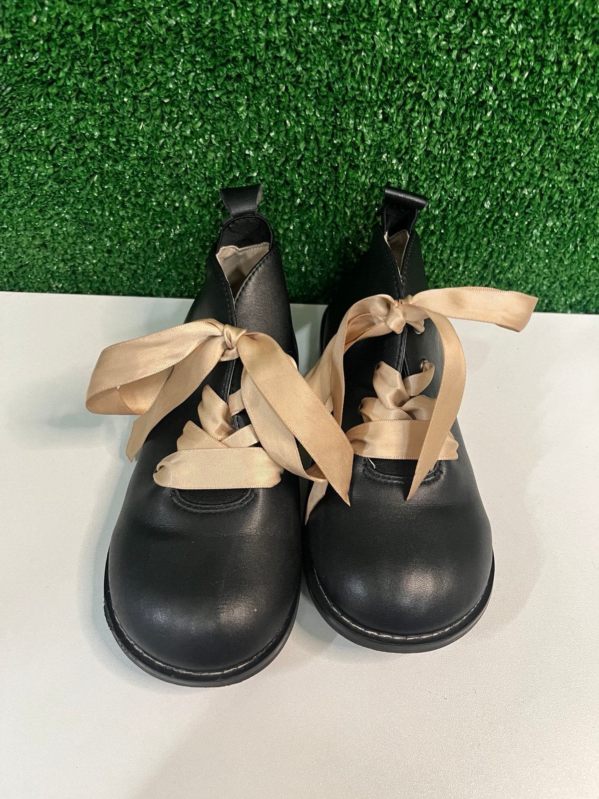 Little Miss Marmalade Black Boots With Beige Ribbons Girls Size 12