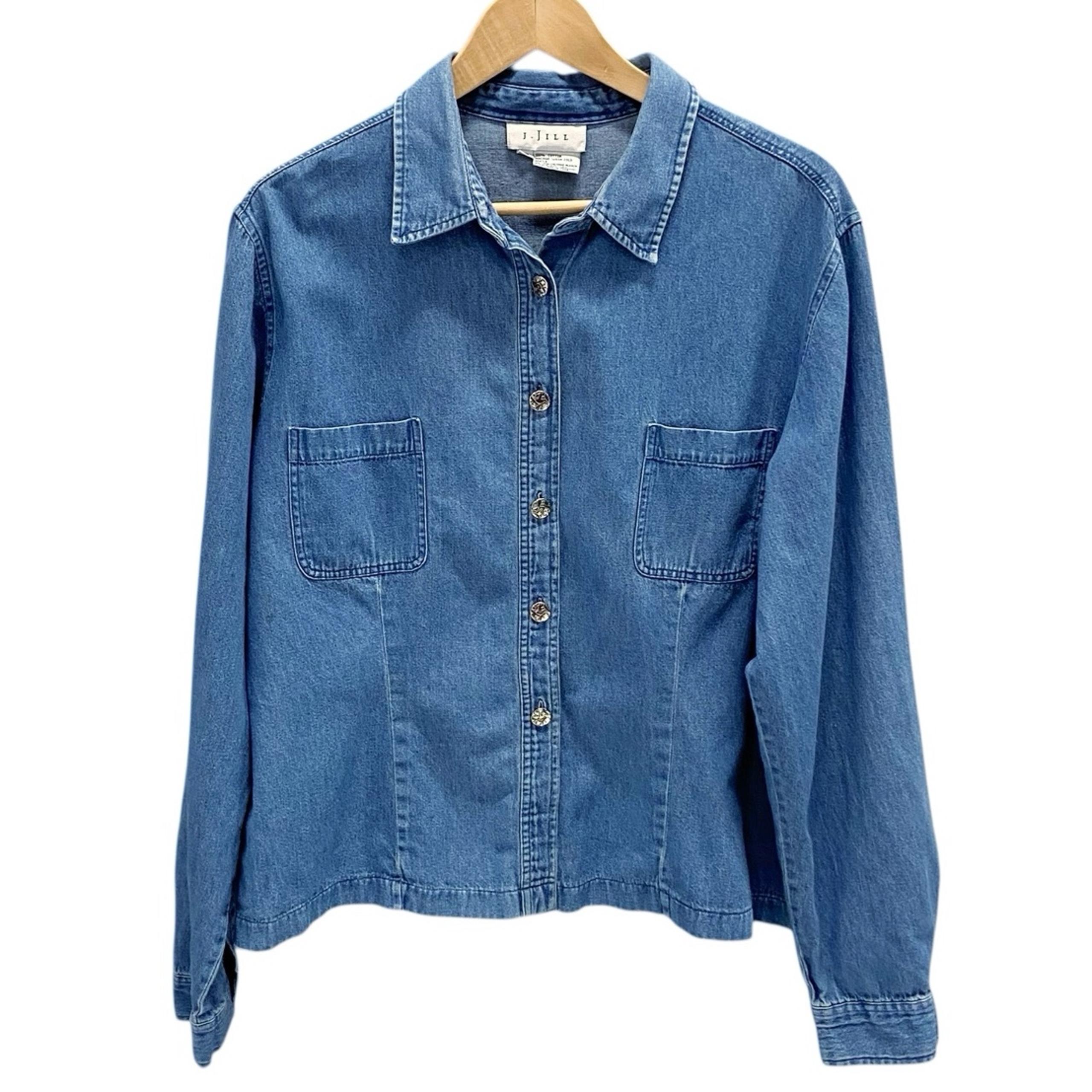 Vintage J.Jill Blue Denim Cotton Shirt Jacket Women’s Sz Large Floral Buttons