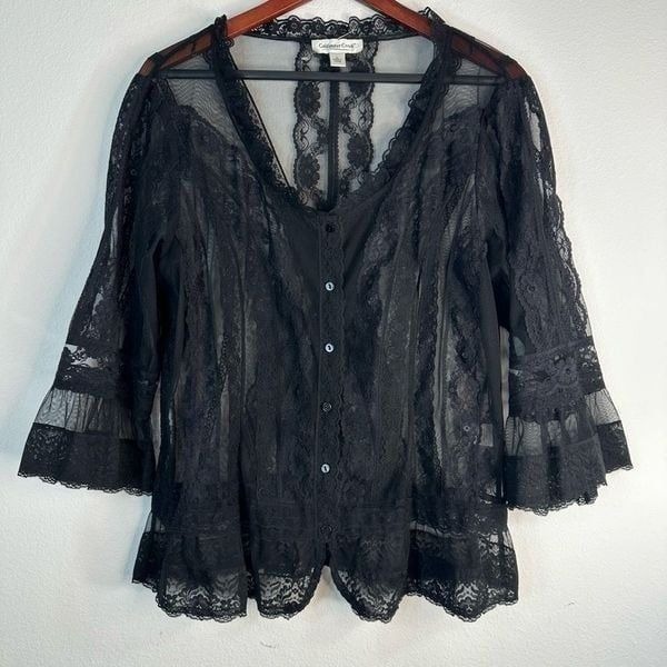 Coldwater Creek Black Sheer Lace Button Front Blouse Large Boho Whimsygoth Fairy