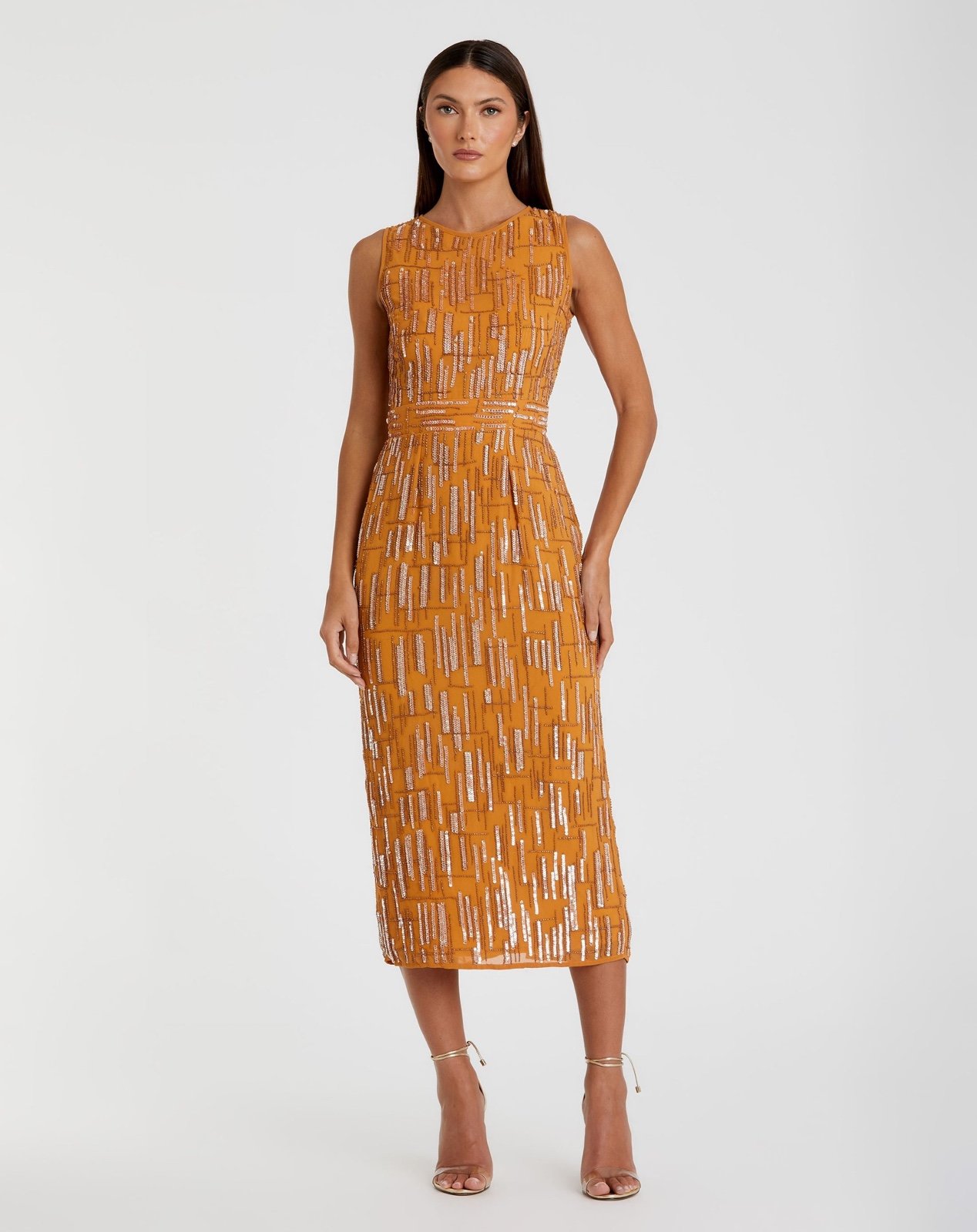 Mac Duggal Abstract Beaded Sleeveless Midi Sheath Dress 70264