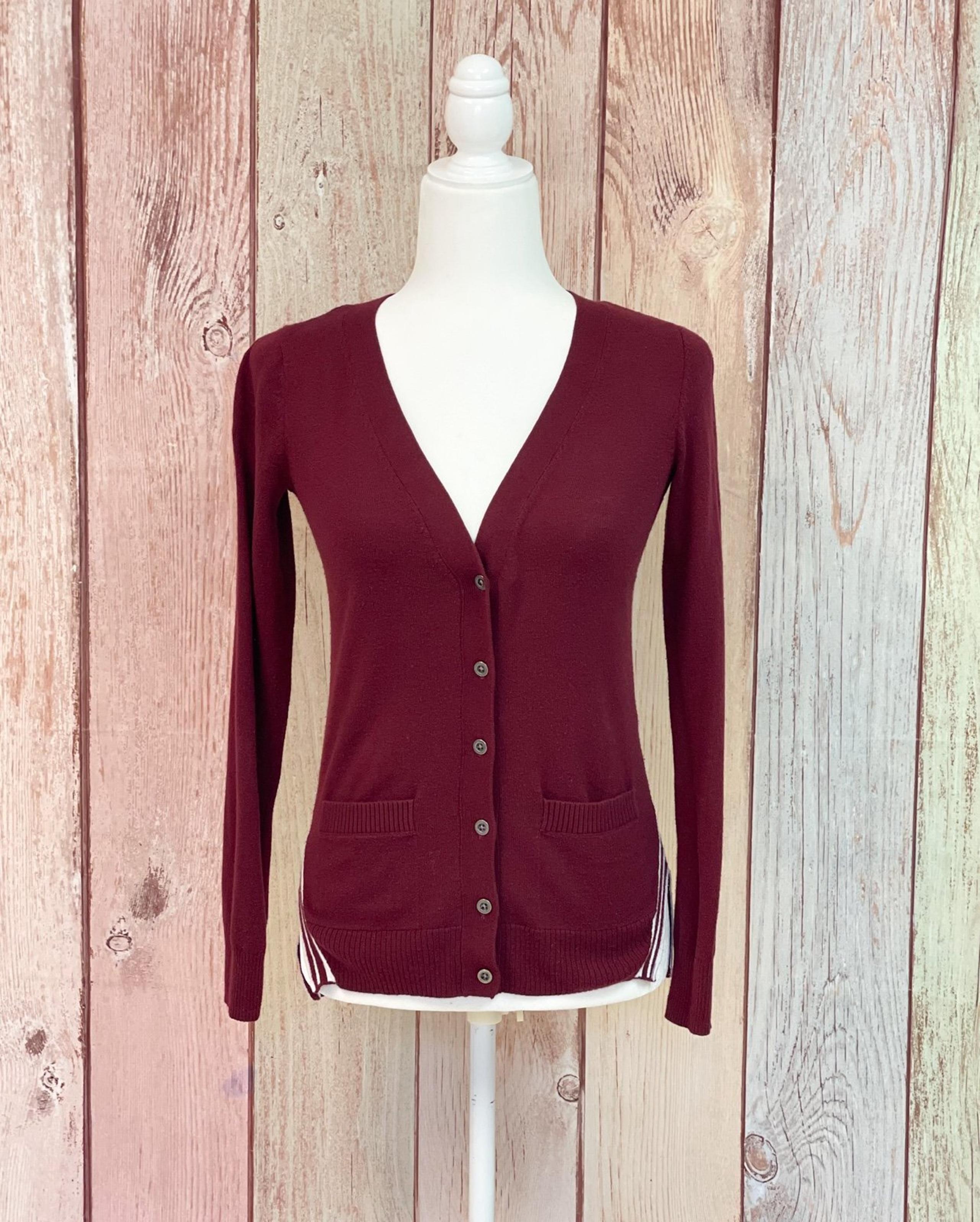 Women’s Lightweight Classic Cardigan Marron with White Side Stripe Size XS