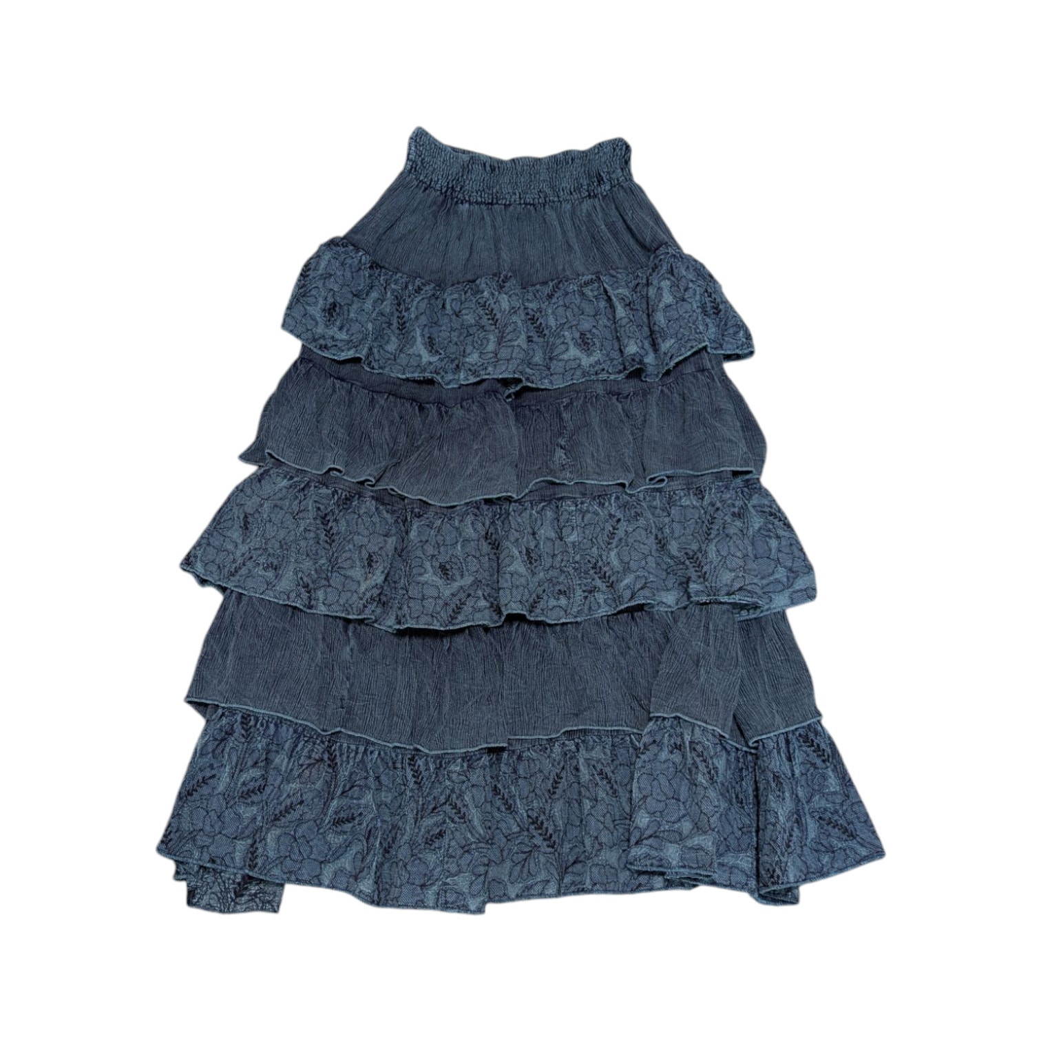 Vintage Textured Tiered Layered Maxi Skirt Flowy Flare Navy Blue Boho Hippie