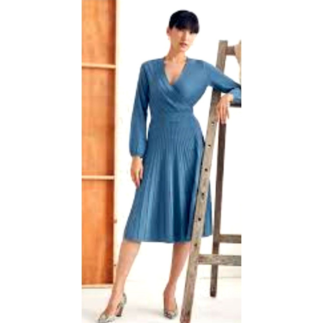 The Fold London Belluno Blue Pleated Regency Wrap Dress Size 10US Retails 535