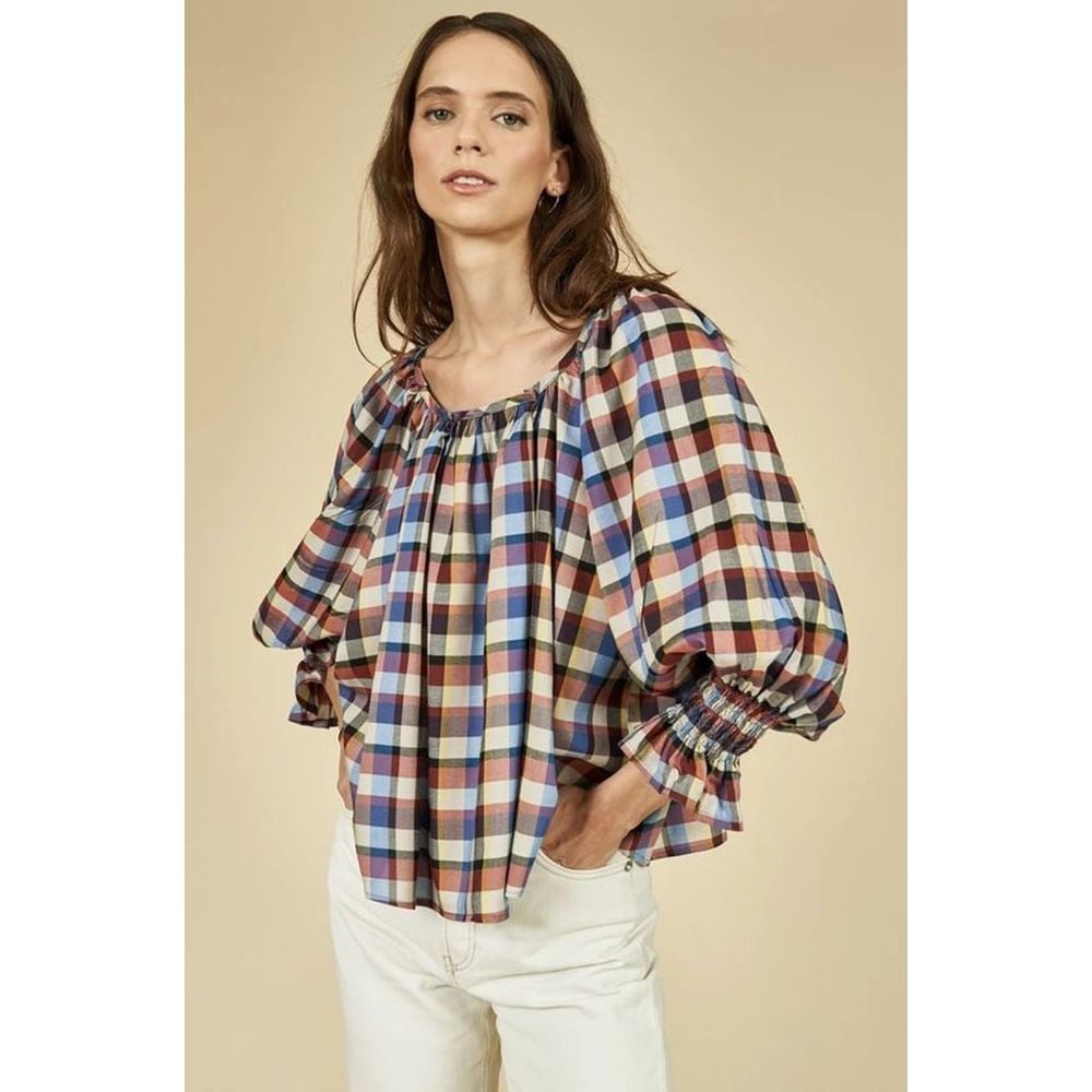 Hunter Bell Womens Overdized Lucia Round Necklick Plaid Blouse Sz S