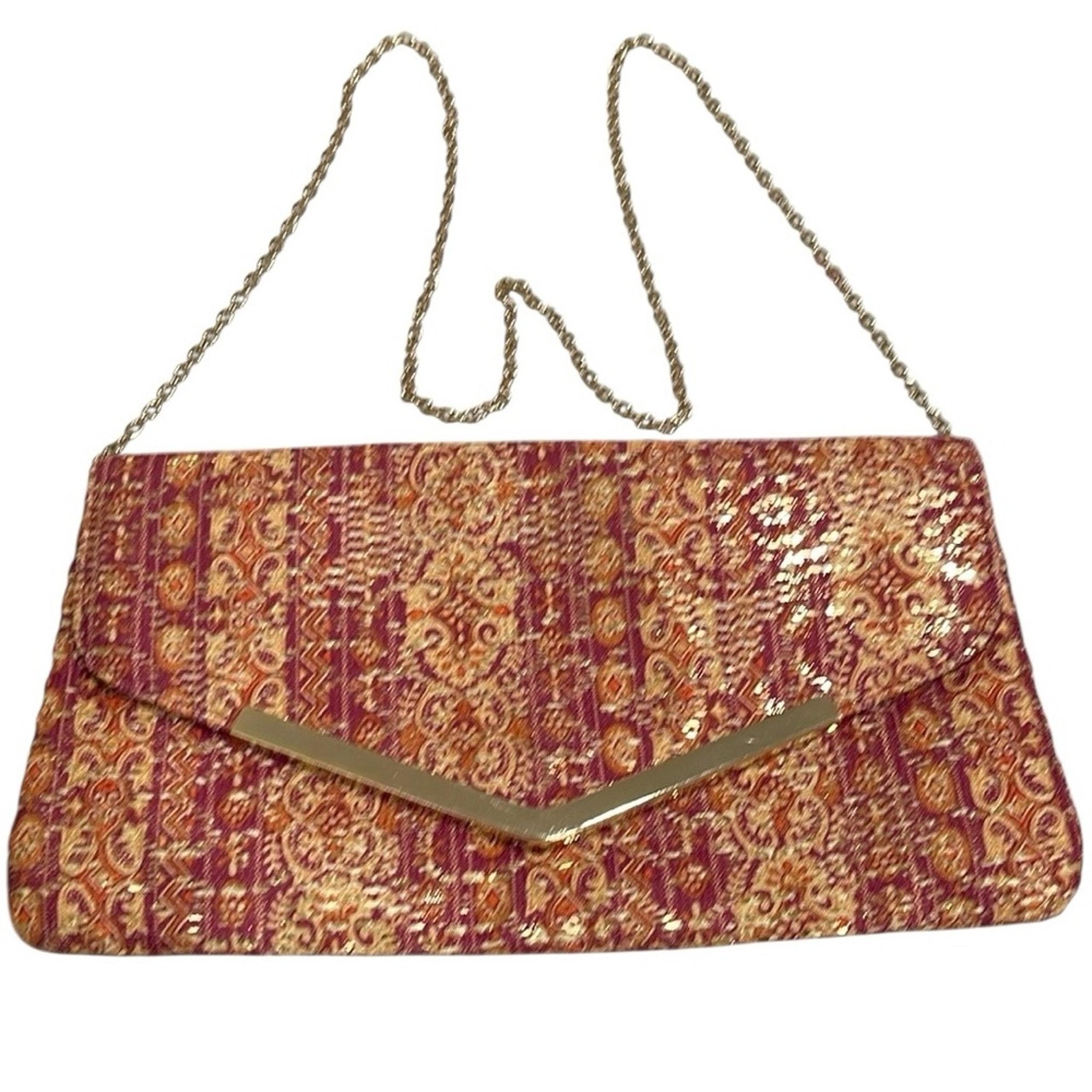 Jessica McClintock Brocade Envelope Bag with Detachable Chain Strap Dk Pink Gold