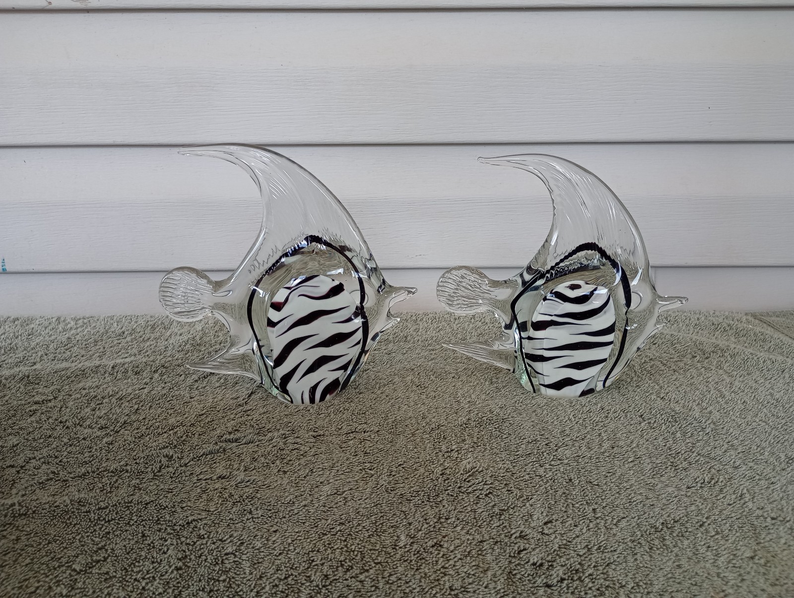 Vintage Murano Art Glass Fish Figurine Black and White Zebra Striped set of 2