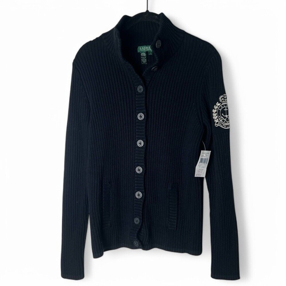 Lauren Ralph Lauren Women's Button Front Ribbed Cardigan Emblem Black NWT Sz. L