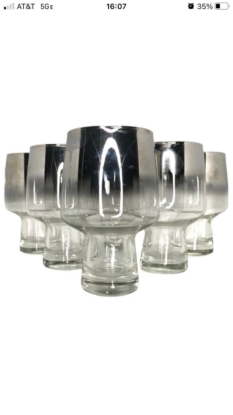 Set Of 5 Silver Ombre Fade Long StemB Vintage Glasses Balloon Shape