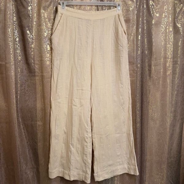 Free People Ivory Sand Cotton Linen Wide Leg Striped Textured Pants Small