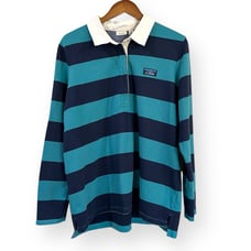 LL Bean Rugby Polo Shirt Womens Size XL Blue Stripes Long Sleeve Top 508132