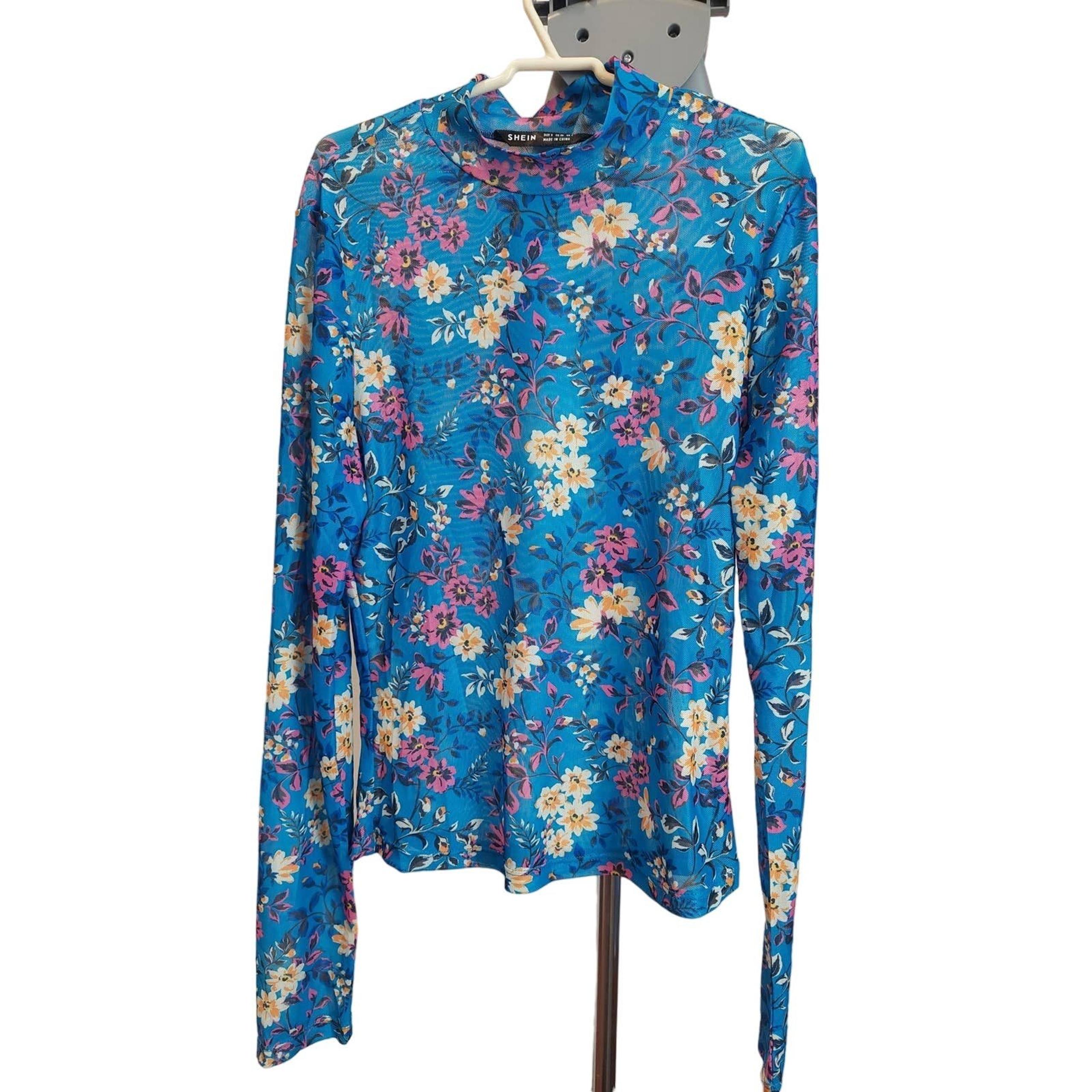 Flower Print High Neck blue Shirt