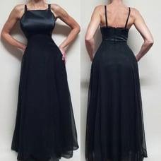 70s Vintage Alfred Angelo Black Satin Chiffon Contrast Bow Detail Maxi Dress M