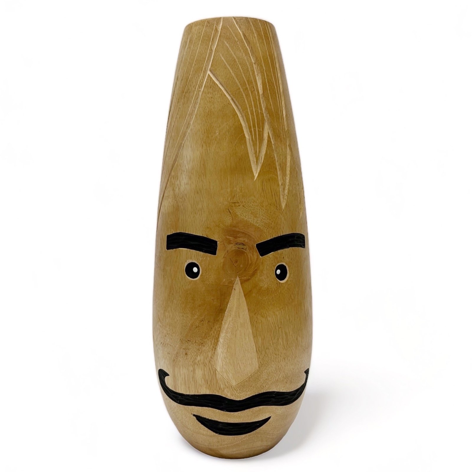 Modern Abstract Carved Hand Painted Wood Vase Mans Face Mustache 15”