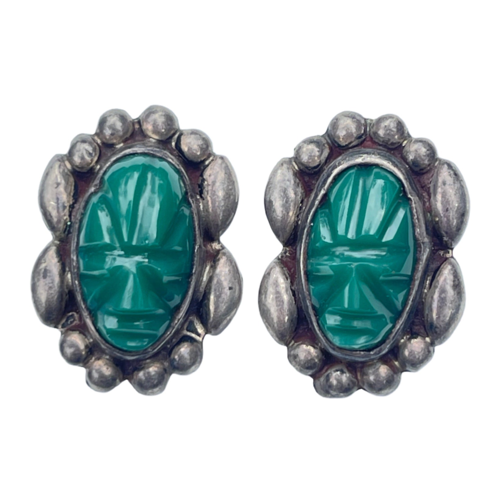 Vintage Mexican Green Onyx Carved Face Earrings
