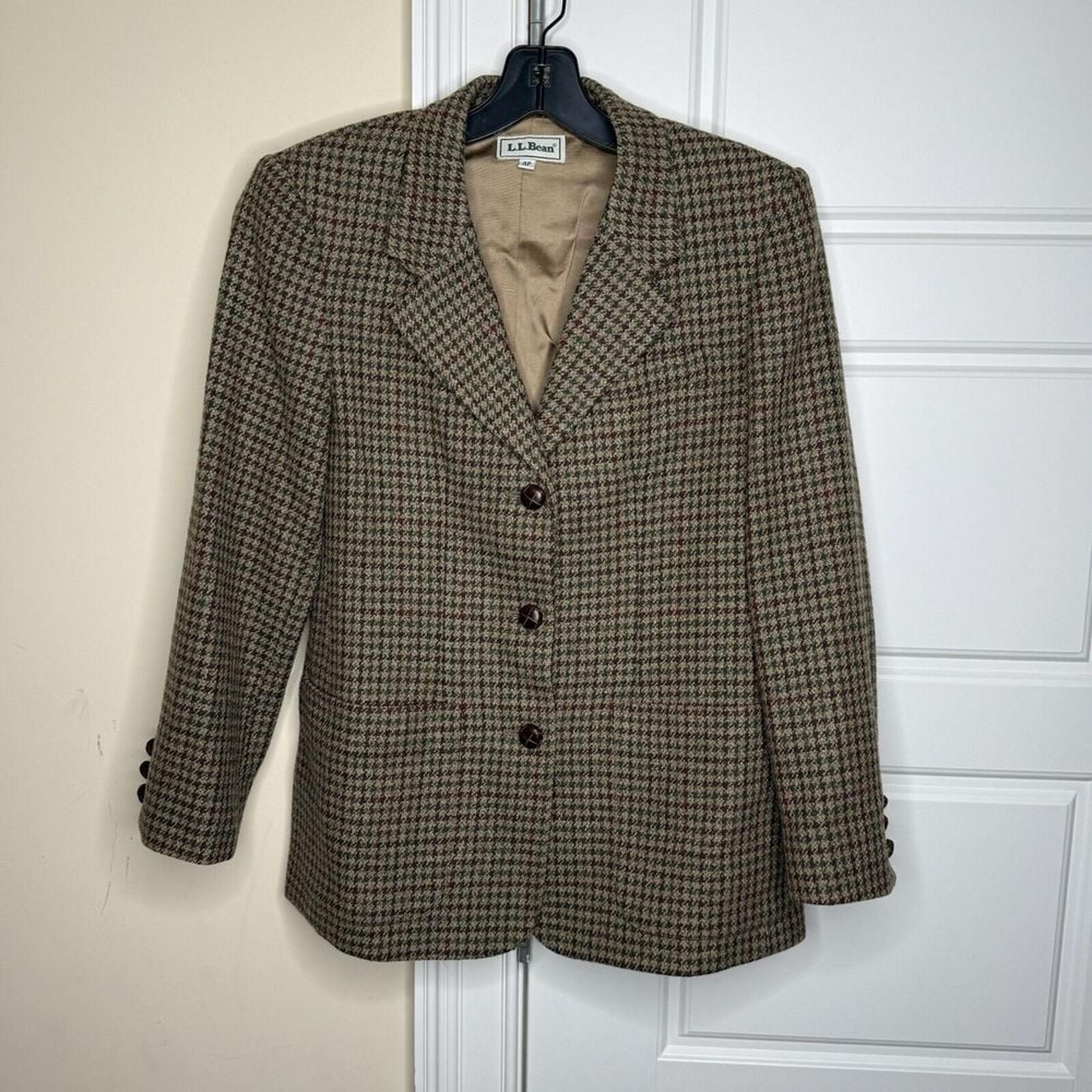 L.L. Bean VTG. Sport Coat Jacket Blazer Women's 4P Houndstooth Leather Btns. Euc