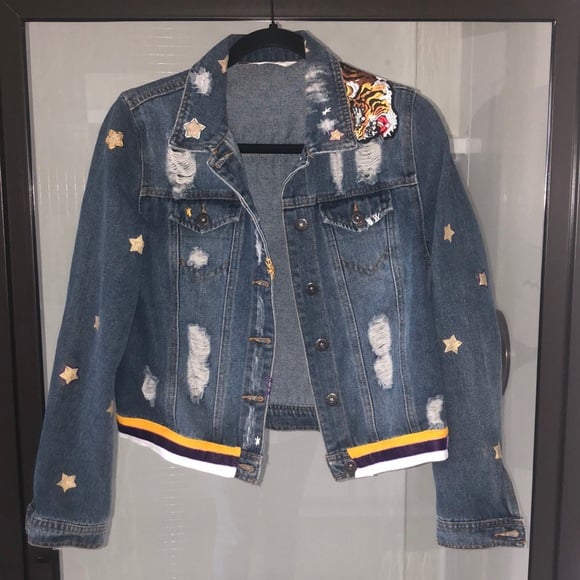 LSU Tigers Game Day Upcylcled Highway Jean denim jacket M embroidered