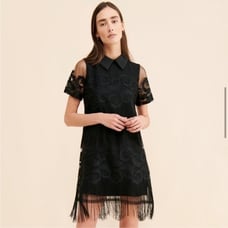 NEW Anthropologie Fringed Shift Mini Dress Removable Collar in Black S