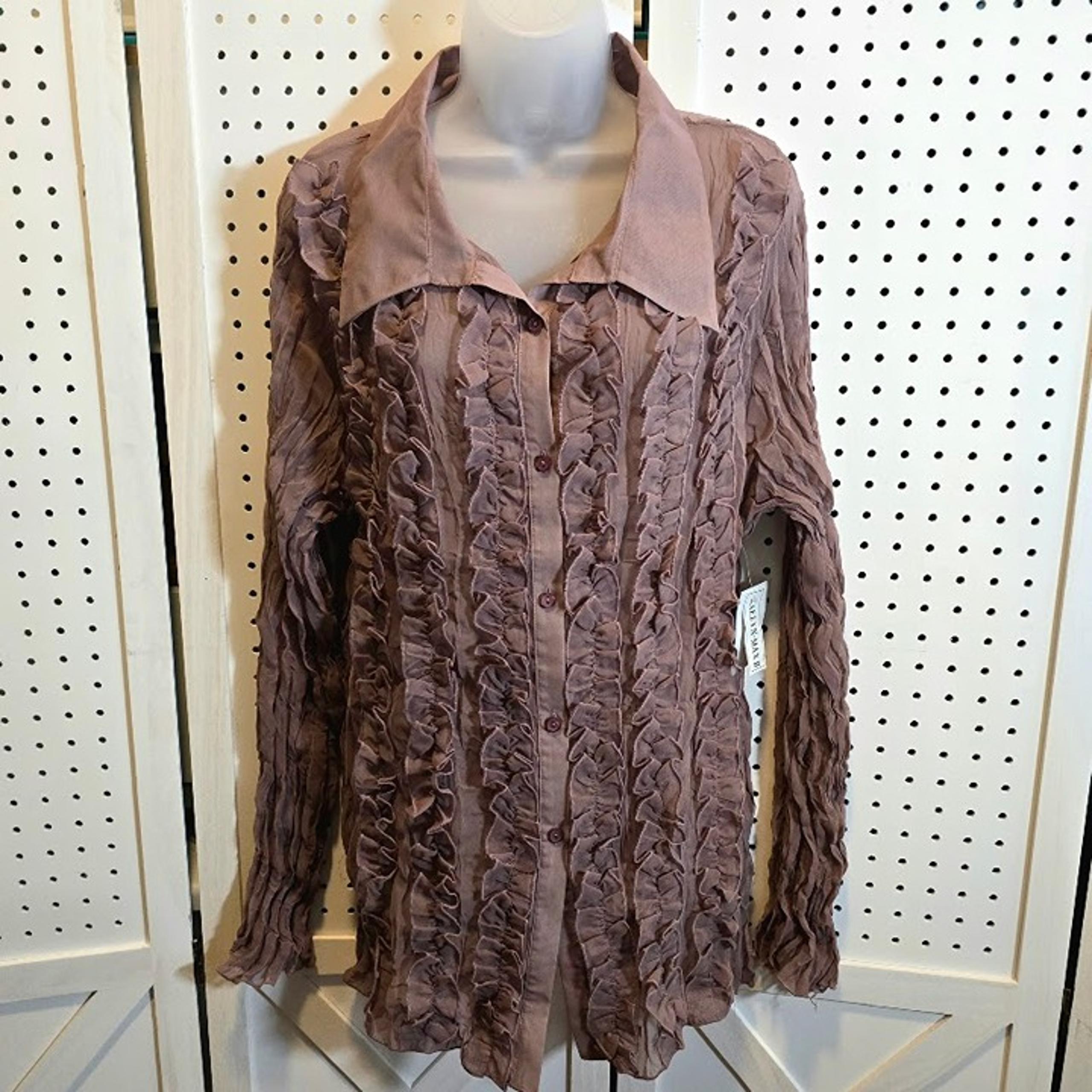 Kaelyn Max II mauve sheer crinkle ruffle front button-down shirt size 2X NWT